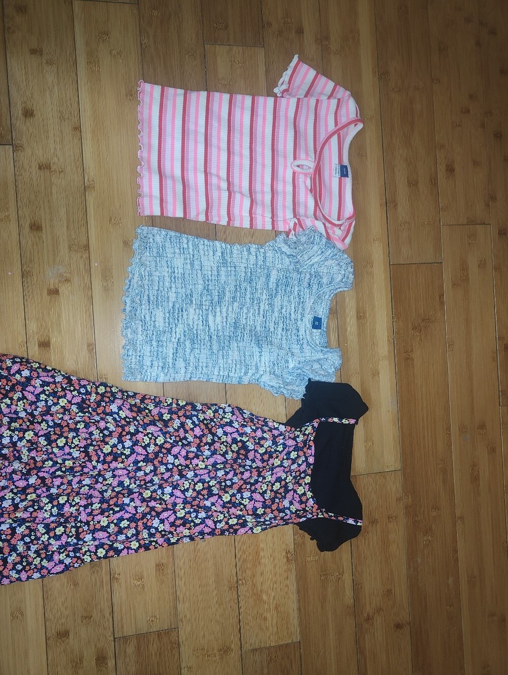 Old Navy Pink & White Striped Tee, Blue Textured Top, and Black Floral Dress Set